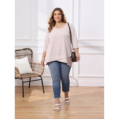 Plus Size Women's 3/4 Sleeve Stripe Casual Tunic Top Scoop Neck Crossover High Low Hem Blouse