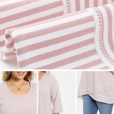 Plus Size Women's 3/4 Sleeve Stripe Casual Tunic Top Scoop Neck Crossover High Low Hem Blouse