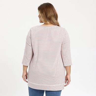 Plus Size Women's 3/4 Sleeve Stripe Casual Tunic Top Scoop Neck Crossover High Low Hem Blouse
