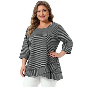 Plus Size Women's 3/4 Sleeve Stripe Casual Tunic Top Scoop Neck Crossover High Low Hem Blouse