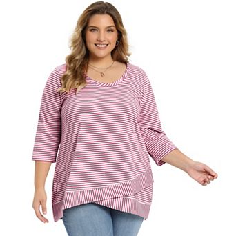 Plus Size Women's 3/4 Sleeve Stripe Casual Tunic Top Scoop Neck Crossover High Low Hem Blouse
