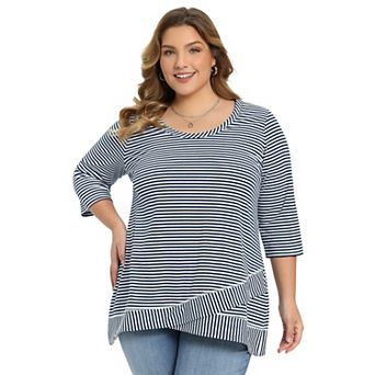 Plus Size Women's 3/4 Sleeve Stripe Casual Tunic Top Scoop Neck Crossover High Low Hem Blouse