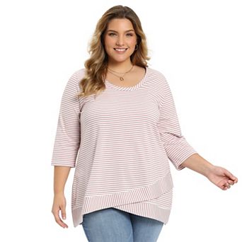 Plus Size Women's 3/4 Sleeve Stripe Casual Tunic Top Scoop Neck Crossover High Low Hem Blouse