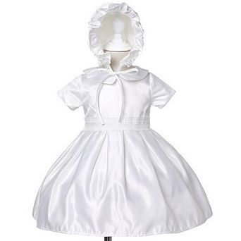 Baby Girls Lace Short-Sleeve Baptism Dress Christening Gown with Bonnet