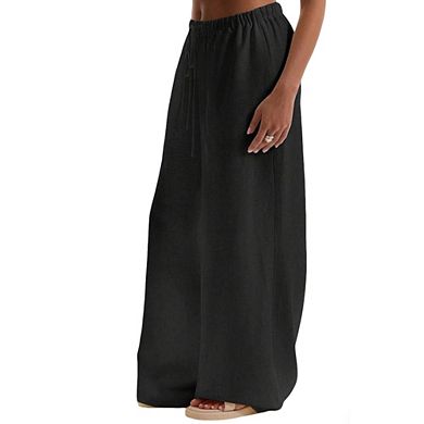 Womens Wide Leg Casual Pants Elastic Waistband Drawstring with Pocket