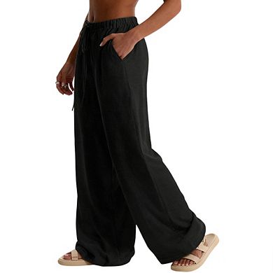 Womens Wide Leg Casual Pants Elastic Waistband Drawstring with Pocket