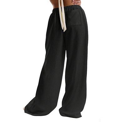 Womens Wide Leg Casual Pants Elastic Waistband Drawstring with Pocket