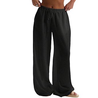 Womens Wide Leg Casual Pants Elastic Waistband Drawstring with Pocket