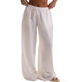 Womens Wide Leg Casual Pants Elastic Waistband Drawstring with Pocket