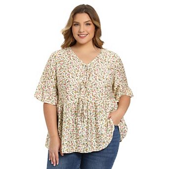 Plus Size Women's Ditsy Floral Tie Front Peplum Top V Neck Ruffle Sleeve Summer Babydoll Blouse