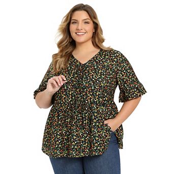 Plus Size Women's Ditsy Floral Tie Front Peplum Top V Neck Ruffle Sleeve Summer Babydoll Blouse