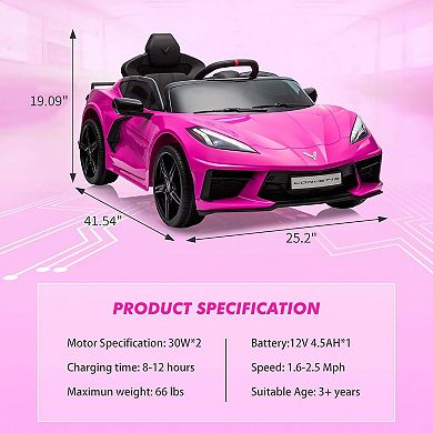 12V Kids Ride On Car, Licensed Corvette Battery Powered Electric Sports Car with Remote, LED, Music