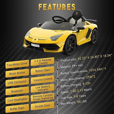 12V Licensed Lamborghini Kids Ride-On Car w/ Remote, Hydraulic Doors, LED Lights & Sound