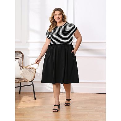 Women's Plus Size Crew Neck Patchwork Striped Gathered-Waist Casual Midi A-Line Dress with Pockets