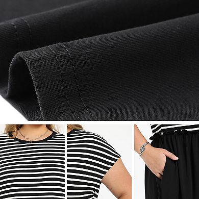 Women's Plus Size Crew Neck Patchwork Striped Gathered-Waist Casual Midi A-Line Dress with Pockets