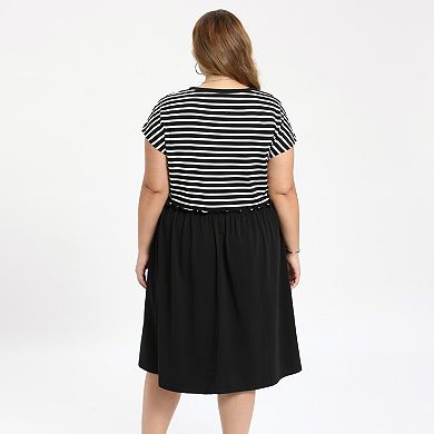 Women's Plus Size Crew Neck Patchwork Striped Gathered-Waist Casual Midi A-Line Dress with Pockets