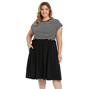 Women's Crew Neck Patchwork Striped Gathered-Waist Casual Midi A-Line Dress with Pockets