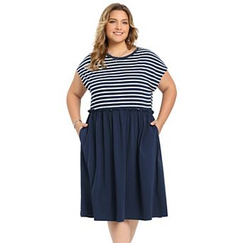 Women's Crew Neck Patchwork Striped Gathered-Waist Casual Midi A-Line Dress with Pockets