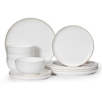 Perlaceo Luxurious Collection of 12 pc White with Gold Rim Bone China Dinnerware Set