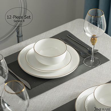 Perlaceo Luxurious Collection of 12-Piece White with Gold Rim Bone China Dinnerware Set