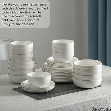 Perlaceo Luxurious Collection of 32-Piece White with Gold Rim Bone China Dinnerware Set