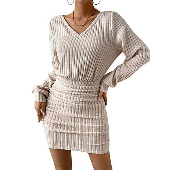Womens V Neck Rib Knit Long Sleeve Ruched Bodycon Midi Dress