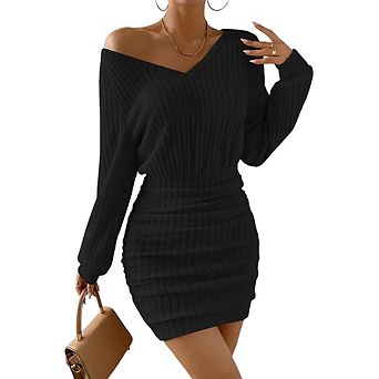 Womens V Neck Rib Knit Long Sleeve Ruched Bodycon Midi Dress