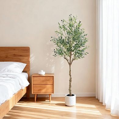 Artificial Olive Tree in White Pot, Realistic Faux Plant for Indoor Decor, UV Resistant