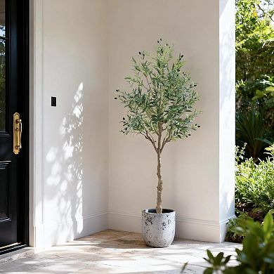 Artificial Olive Tree in White Pot, Realistic Faux Plant for Indoor Decor, UV Resistant