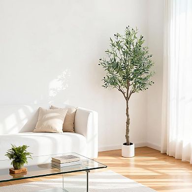 Artificial Olive Tree in White Pot, Realistic Faux Plant for Indoor Decor, UV Resistant