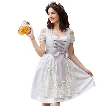 3 pc Women's Oktoberfest Dirndl Costume Set Square Neck Midi Dress Lace Crop Top and Apron