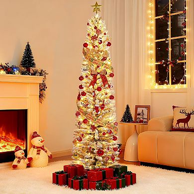 Pre-Lit Pencil Christmas Tree, Frosted Artificial Xmas Tree with LED Lights