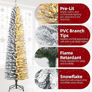 Pre-Lit Pencil Christmas Tree, Frosted Artificial Xmas Tree with LED Lights