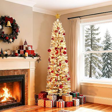 Pre-Lit Pencil Christmas Tree, Frosted Artificial Xmas Tree with LED Lights