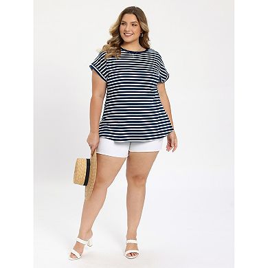 Plus Size Tops for Women Striped Basic Summer Casual Blouses Raglan Sleeve Crew Neck T-Shirts