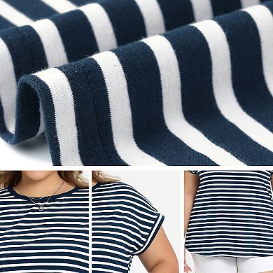 Plus Size Tops for Women Striped Basic Summer Casual Blouses Raglan Sleeve Crew Neck T-Shirts