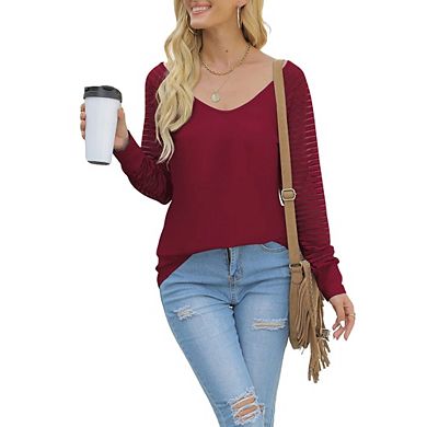 Womens V Neck Striped Panel Long Sleeve Casual Tshirt Top