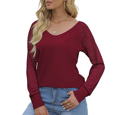 Womens V Neck Striped Panel Long Sleeve Casual Tshirt Top
