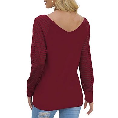 Womens V Neck Striped Panel Long Sleeve Casual Tshirt Top