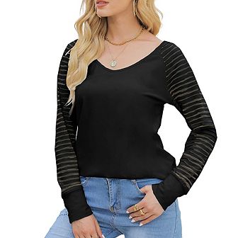 Womens V Neck Striped Panel Long Sleeve Casual Tshirt Top