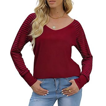 Womens V Neck Striped Panel Long Sleeve Casual Tshirt Top