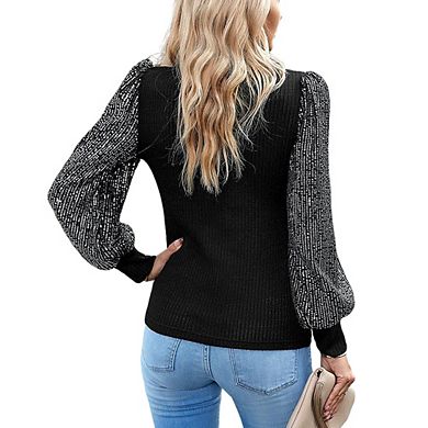 Womens Mock Neck Long Sleeve Sequin Panel Knit Casual Tops