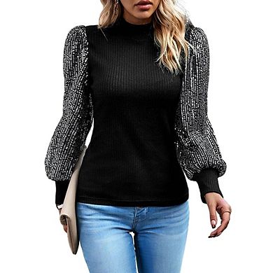 Womens Mock Neck Long Sleeve Sequin Panel Knit Casual Tops