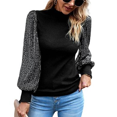 Womens Mock Neck Long Sleeve Sequin Panel Knit Casual Tops