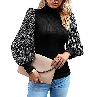 Womens Mock Neck Long Sleeve Sequin Panel Knit Casual Tops