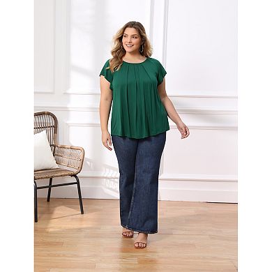 Plus Size Women's Pleated Ruffle Sleeve Curved Hem Round Neck Dressy Loose Summer Blouses Tops