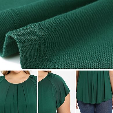 Plus Size Women's Pleated Ruffle Sleeve Curved Hem Round Neck Dressy Loose Summer Blouses Tops