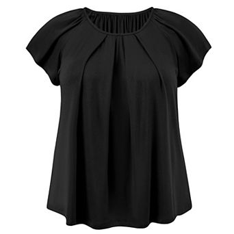 Plus Size Women's Pleated Ruffle Sleeve Curved Hem Round Neck Dressy Loose Summer Blouses Tops