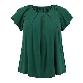 Plus Size Women's Pleated Ruffle Sleeve Curved Hem Round Neck Dressy Loose Summer Blouses Tops