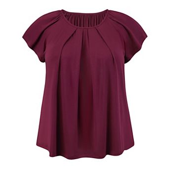 Plus Size Women's Pleated Ruffle Sleeve Curved Hem Round Neck Dressy Loose Summer Blouses Tops